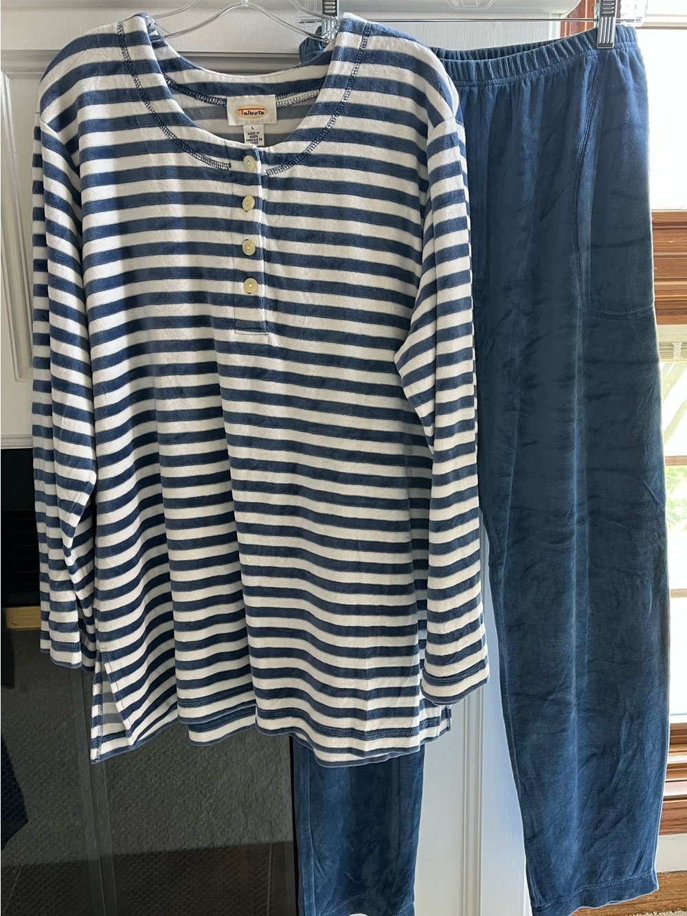 Talbots Velour Blue and White Striped Long Sleeve Tunic with coordinating Pants